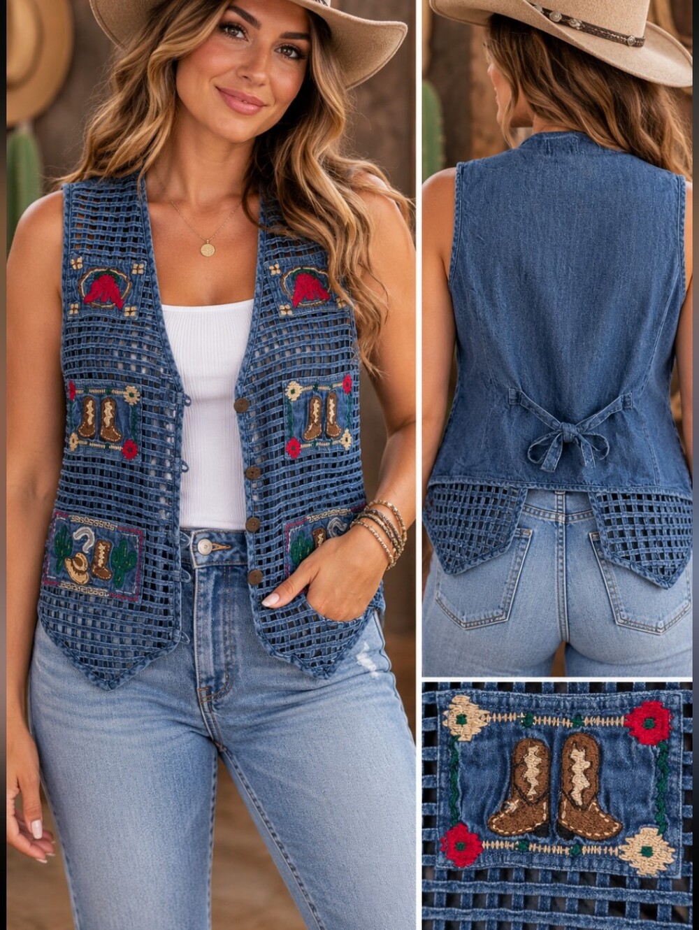 Charro Allen Western Denim Vest Women’s M Embroidered Cowboy Boots Horse Y2K